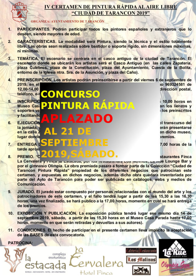 Ante las previsiones meteorológicas se aplaza hasta el 21 de Septiembre el IV Certamen de Pintura Rápida al aire libre en Tarancón