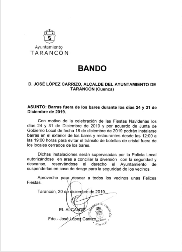 El ayuntamiento de Tarancón emite un bando por el que se concede permiso para instalar barras fuera de los bares los días 24 y 31 de Diciembre