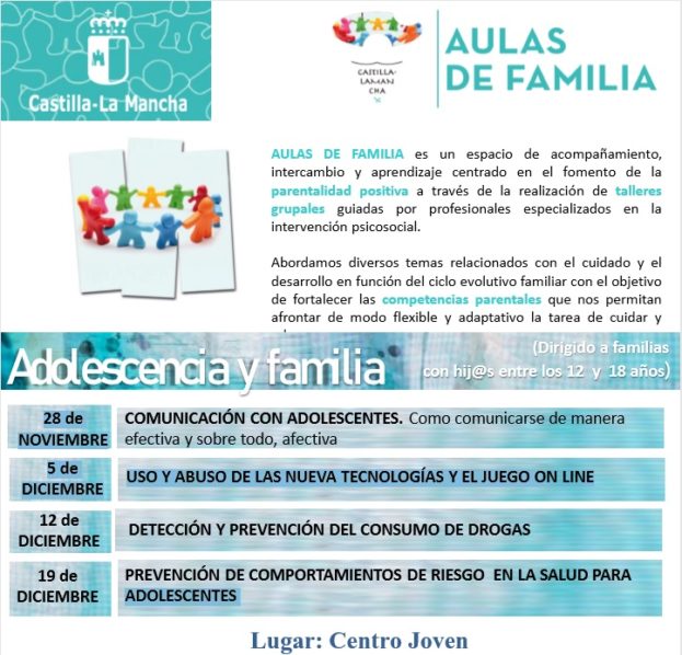 El Centro Joven de Tarancón acogerá los días 12 y 19 de Diciembre dos talleres incluidos en el programa Adolescencia y Familia