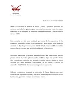 Cancelación Fiestas Santa Quiteria Huete