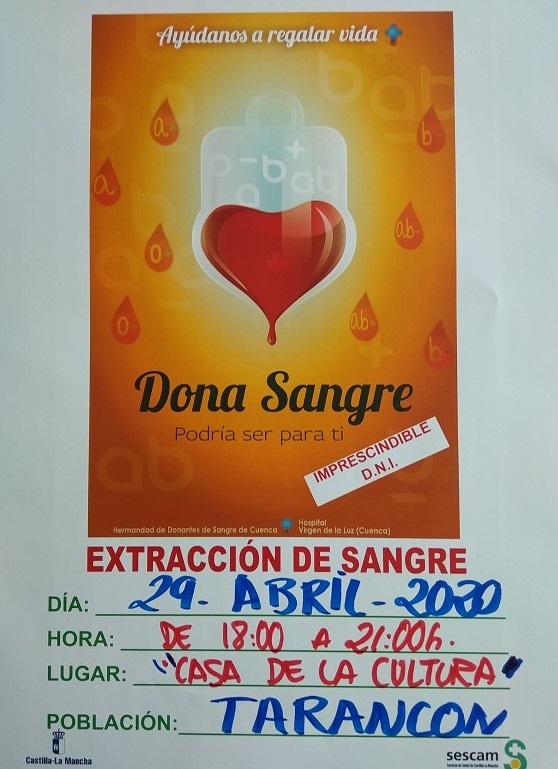 La Hdad. de Donantes de Sangre se desplaza a Tarancón el próximo 29 de Abril para una extracción colectiva que se realizará en la Casa de la Cultura