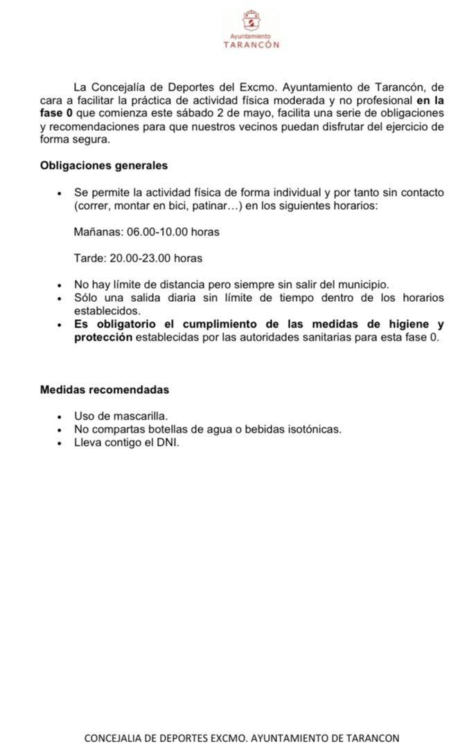 La concejalía de deportes del Ayuntamiento de Tarancón hace una serie de recomendaciones para la práctica de la actividad física