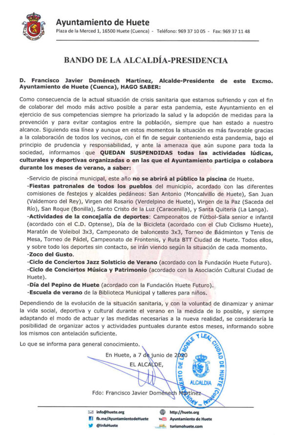 Suspensión de actividades lúdicas, culturales y deportivas este verano en Huete