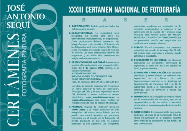 El Ayuntamiento de Tarancón convoca la XXXIII edición de los Certámenes Nacionales de Pintura y Fotografía José A. Sequí