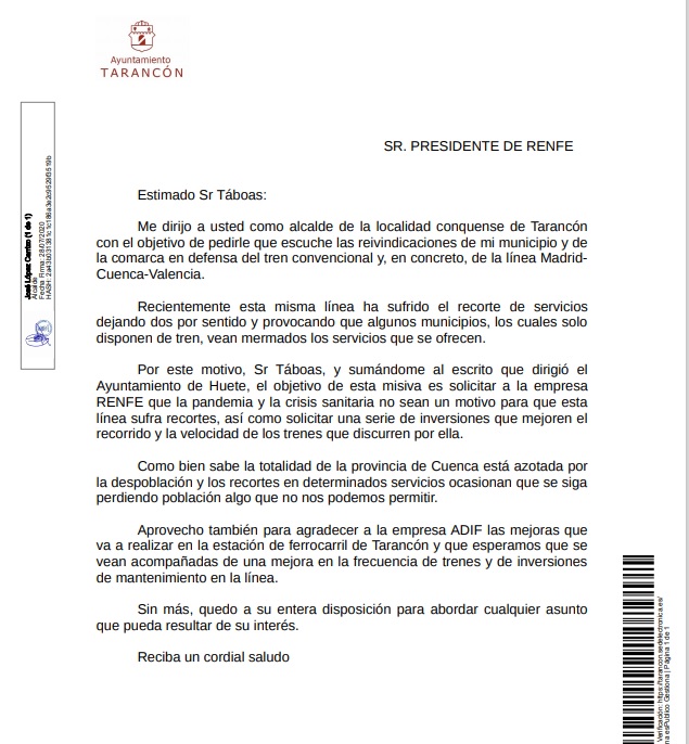 El Ayuntamiento de Tarancón pide a RENFE que no se supriman servicios en el tren convencional y se realicen mejoras en la línea Madrid-Cuenca-Valencia