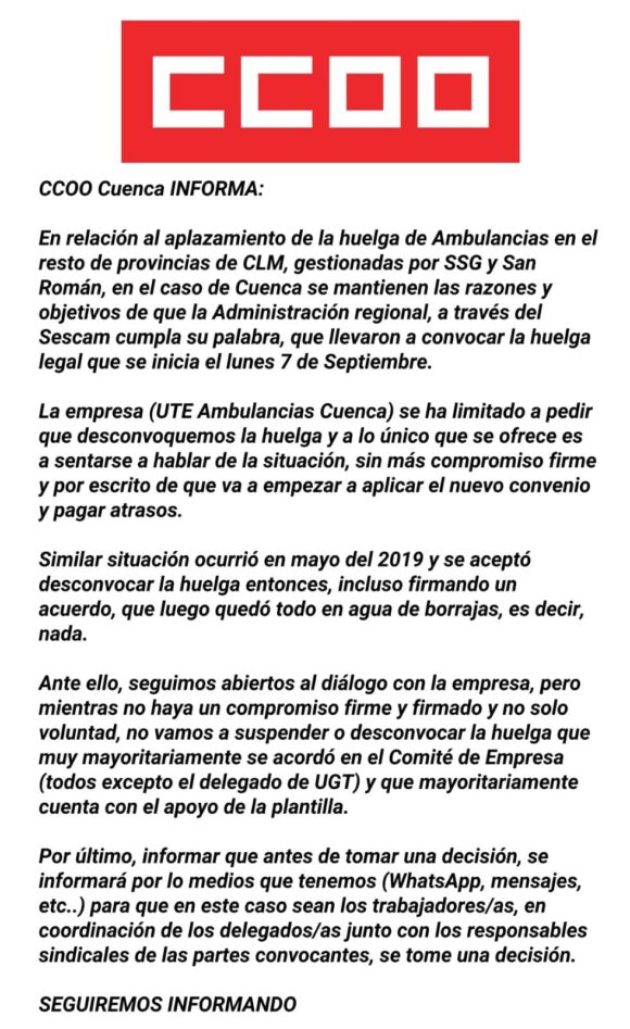 CCOO Cuenca informa que la huelga del transporte sanitario en la provincia de Cuenca se mantiene