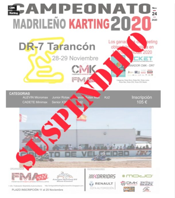 Suspendida la prueba del CMK Circuito DR7 de Tarancón y el campeonato CMK 2020 que debería celebrarse este fin de semana en la localidad