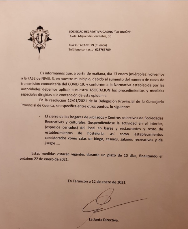 El sector hostelero de Tarancón cierra sus establecimientos durante 10 días hasta finalizar este periodo de Fase 3 en el que nos encontramos por la incidencia del Covid-19 en el municipio