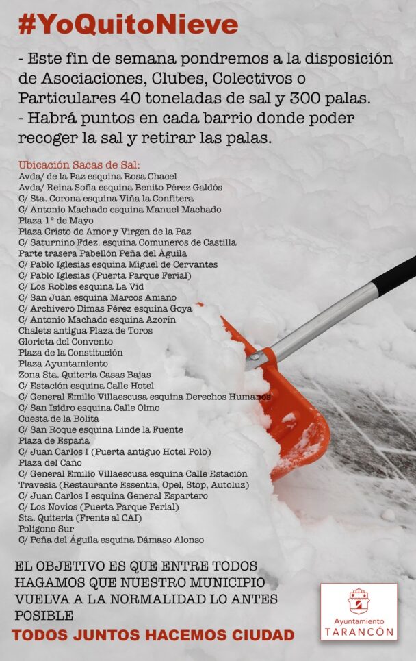 El Ayuntamiento de Tarancón ha diseñado ya la estrategia de recogida de nieve en diferentes puntos de la población para este fin de semana