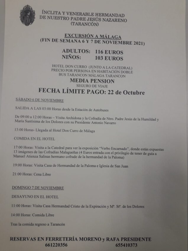 La Hdad. Ntro. Padre Jesús Nazareno de Tarancón prepara un viaje a Málaga los días 6 y 7 de noviembre