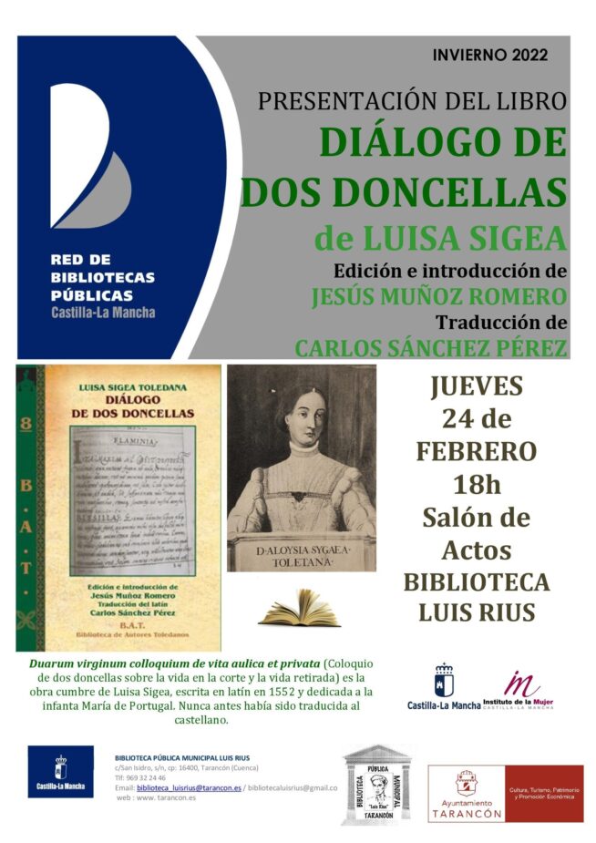 Este jueves en la Casa de la Cultura de Tarancón presentación del libro «Dialogo de dos doncellas», de nuestra ilustre escritora y humanista Luisa Sigea