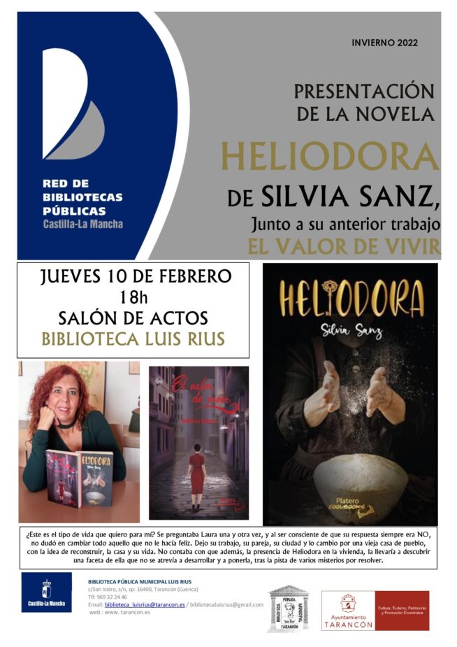 El jueves día 10 de febrero presentación de la novela «Heliodora» de la escritoria Silvia Sanz en la Biblioteca Luis Rius de Tarancón