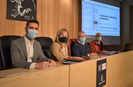 El delegado de fomento informa a los trabajadores sociales de las características del nuevo servicio de transporte sensible a la demanda en la provincia de Cuenca