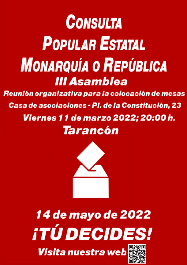 Este viernes 11 de marzo en Tarancón reunión organizativa para la colocación de Mesas sobre la Consulta Estatal