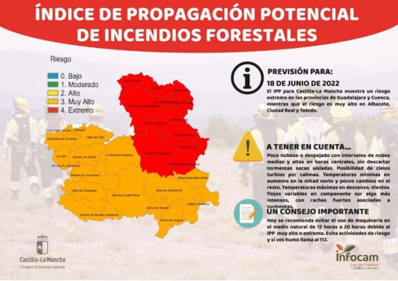 El Índice de propagación de incendios forestales en Castilla La Mancha indica riesgo extremo en las provincias de Cuenca y Guadalajara