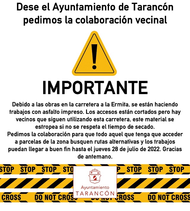 Desde el Ayuntamiento de Tarancón piden colaboración vecinal para que ningún vehículo transite por la carretera de la ermita hasta el 28 de Julio