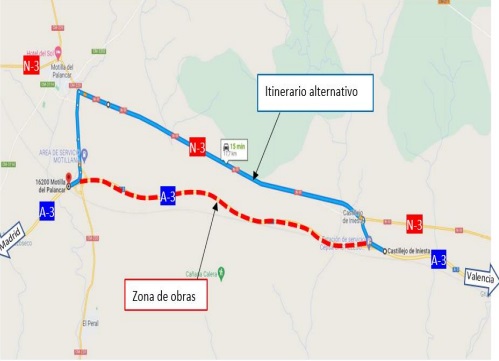 Afecciones al tráfico en la A-3 sentido  Madrid entre Castillejo de Iniesta y Motilla  del Palancar por obras de rehabilitación