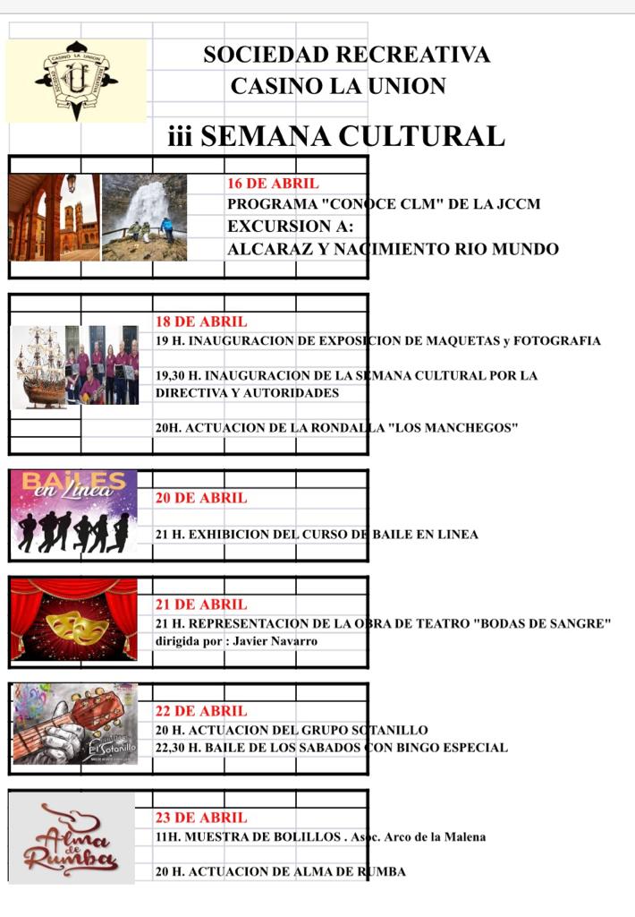 La Sociedad Recreativa Casino La Unión celebra su semana cultural desde hoy hasta el domingo 23 de abril