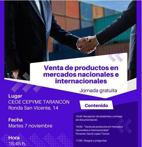 Jornada sobre Venta de Productos en Mercados Nacionales e Internacionales en Tarancón el próximo 7 de noviembre