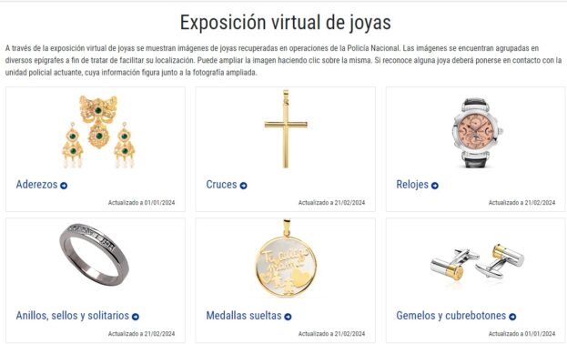La Policía Nacional expone en su web miles de joyas y objetos de valor recuperados en operaciones policiales