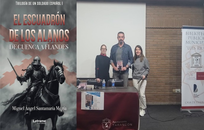 Arropado por numeroso publico, el taranconero, Miguel A. Santamaria presenta en el Biblioteca Luis Rius, la primera de una trilogía de novela histórica “El Escuadron de los Alanos. De Cuenca Flandes”.