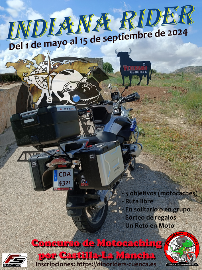 La Asociación Dinoriders Cuenca, organizadora de eventos moteros como la II Dinorider360 o el Día de la Moto 2023, presenta el primer concurso de Motocaching, Indiana Rider 2024, actividad de mototurismo por la región de Castilla-La Mancha.