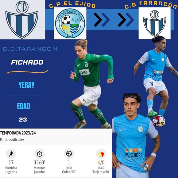 Procedente del CP El Ejido, ya jugó en el grupo castellano manchego de Tercera Federación (CD Toledo) se incorpora al CD Tarancón, Yeray