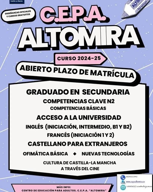 Abierto el período extraordinario de admisión en el CEPA de Tarancón para el curso 2024-2025