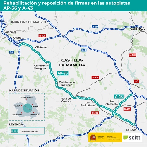 Transportes ejecuta las obras para rehabilitar y reponer el firme en 175,2 km de la AP-36 y A-43 en Castilla La Mancha