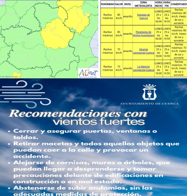 Protección Civil activa la alerta amarilla por fuertes rachas de viento en la provincia de Cuenca