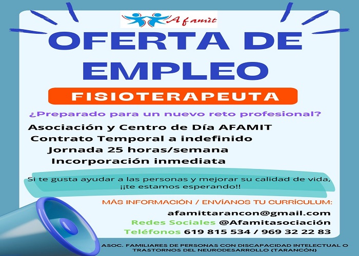 AFAMIT lanza una oferta de empleo para fisioterapeutas en Tarancón