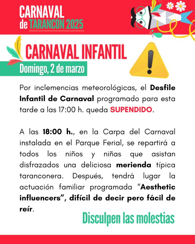 El mal tiempo obliga a suspender el Desfile Infantil de Carnaval en Tarancón