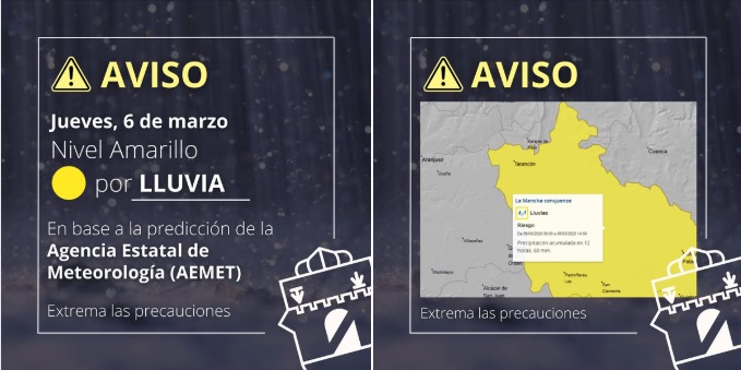 El Ayuntamiento de Tarancón alerta sobre el nivel amarillo por lluvias este jueves