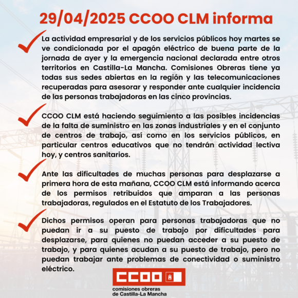 Guía laboral de CCOO ante el apagón eléctrico