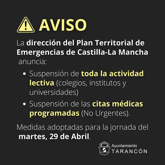 El Plan Territorial de Emergencias de Castilla-La Mancha suspende clases y citas médicas no urgentes este martes