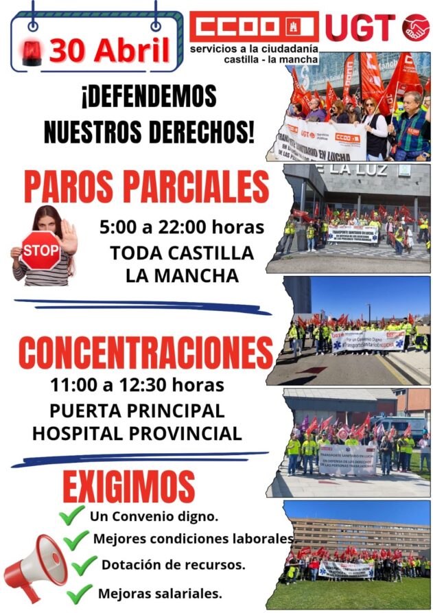 Nuevo paro parcial de los trabajadores/as del transporte sanitario de CLM el próximo 30 de abril