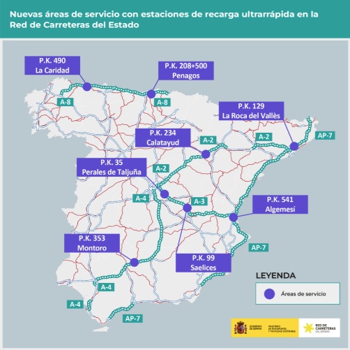 Transportes instalará estaciones de recarga eléctrica ultrarrápidas para coches en ocho áreas de servicio de carreteras estatales