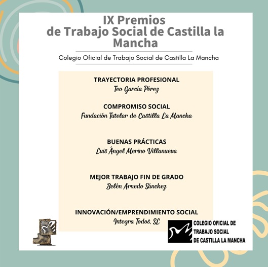 El Colegio Oficial de Trabajo Social de Castilla-La Mancha anuncia a las personas y entidades premiadas en los IX Premios de Trabajo Social, que se celebrarán el 24 de mayo en el Museo Paleontológico de Cuenca a las 17h con el patrocinio del Ayuntamiento de Cuenca, de Damián Rojas Gómez y la colaboración de la Facultad de Trabajo Social de Cuenca de la UCLM