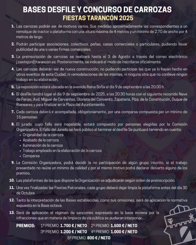 Publicadas las bases para el concurso de carrozas y comparsas de las Fiestas de Tarancón 2025