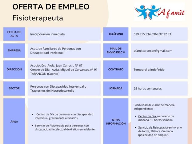 AFAMIT ofrece empleo como fisioterapeuta en Tarancón con incorporación inmediata