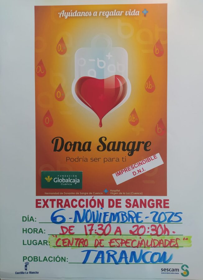 Nueva jornada de donación de sangre mañana jueves 6 de noviembre en Tarancón