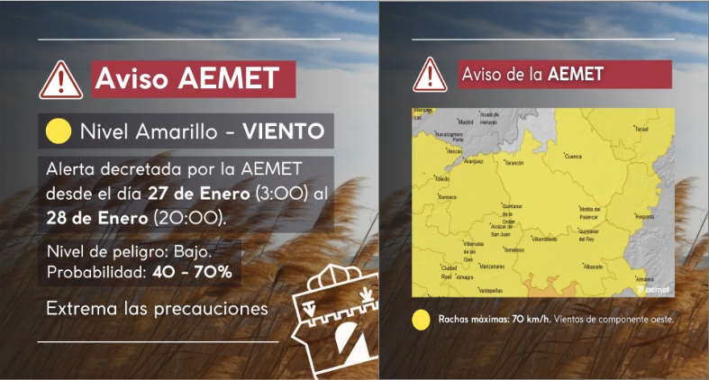 Aviso amarillo por fuertes rachas de viento de la AEMET en Tarancón y toda la Mancha Conquense