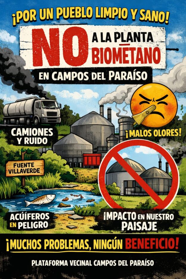 Vecinos de Campos del Paraíso inician una movilización contra una planta de biometano que amenaza el entorno, la salud y el territorio
