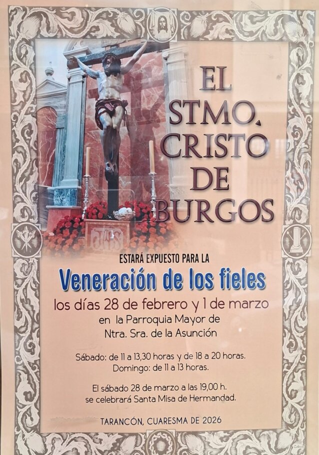 El Santísimo Cristo de Burgos estará expuesto a la veneración de los fieles en Tarancón