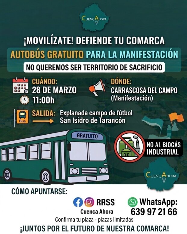 +Cuenca Ahora fleta un autobús para la manifestación de este sábado en Carrascosa, quedan pocas plazas